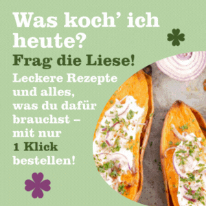 KI generiert: Werbung für Kochrezepte mit Text: "Was koch’ ich heute? Frag die Liese! Leckere Rezepte und alles, mit nur 1 Klick bestellen!"