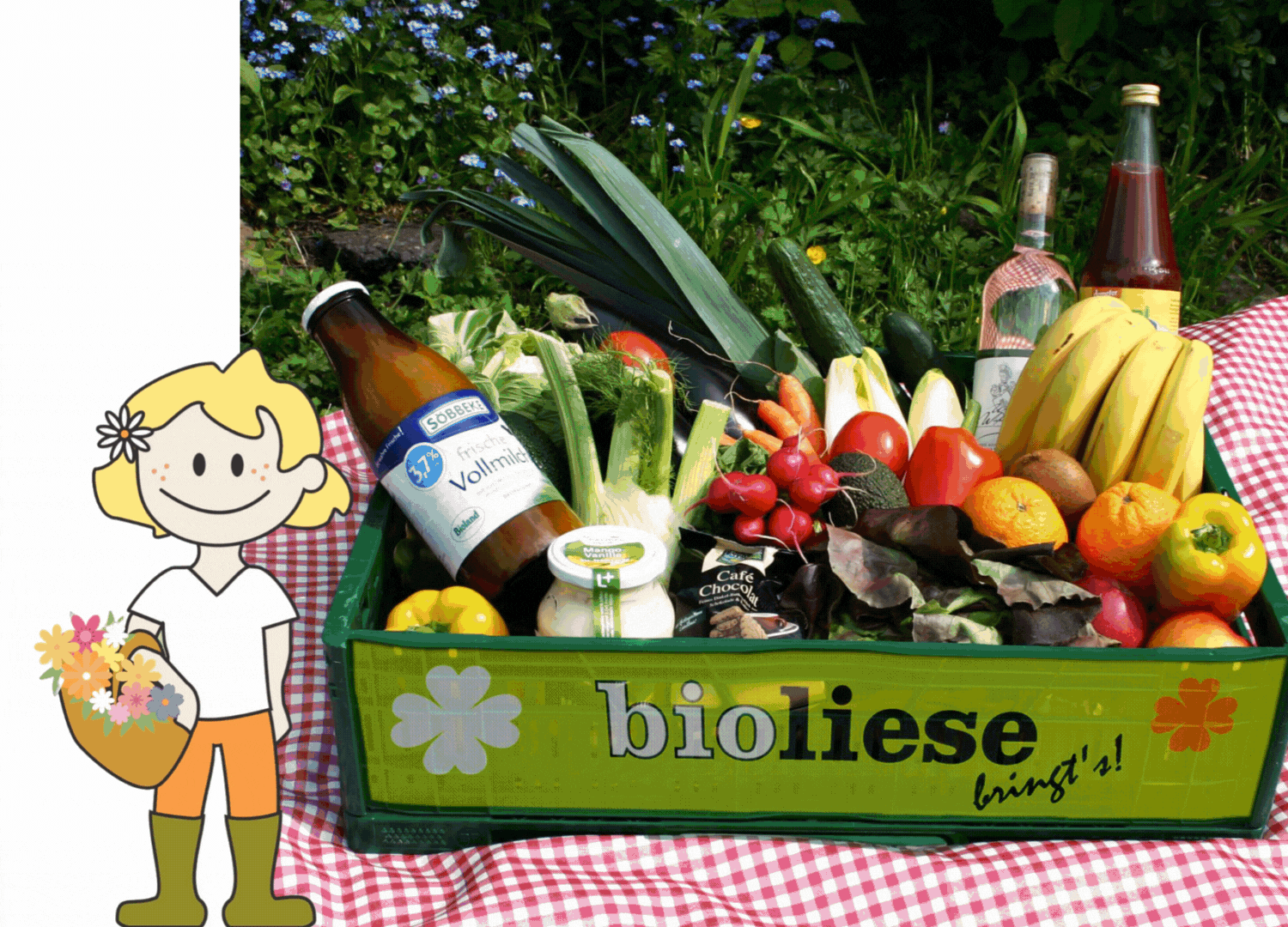 KI generiert: Ein Korb mit Bio-Lebensmitteln und Getränken, daneben eine gezeichnete Figur. Text: "bioliese bringt's!".