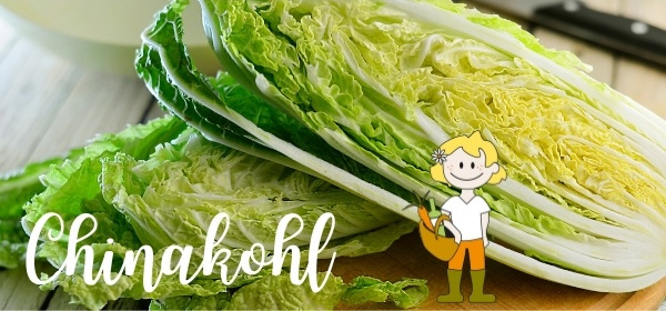 KI generiert: Frischer, aufgeschnittener Chinakohl mit einer Illustration und dem Text "Chinakohl".