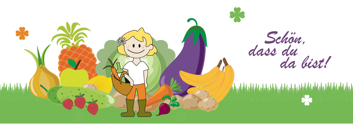 KI generiert: Eine Zeichentrickfigur steht vor Früchten und Gemüse; daneben der Text: "Schön, dass du da bist!"