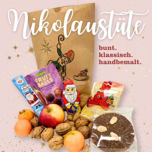 KI generiert: Eine Nikolaustüte mit Nüssen, Schokolade und Früchten. Text: "Nikolaustüte bunt. klassisch. handbemalt."