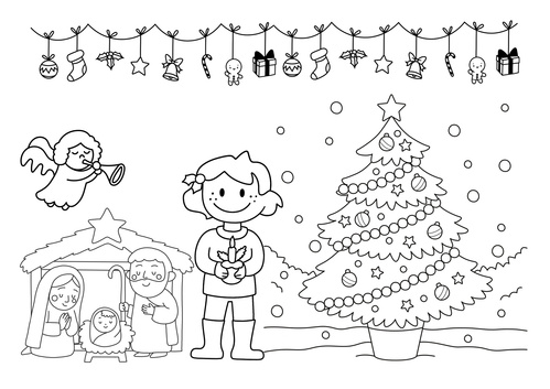 KI generiert: Ein Kind mit Kerzenläufer vor Weihnachtsbaum und Krippe; Engel oben, Girlande mit Dekorationen.