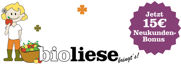 KI generiert: Kleine Figur mit Obst, Text: "Jetzt 15€ Neukunden-Bonus, bioliese bringt's!"