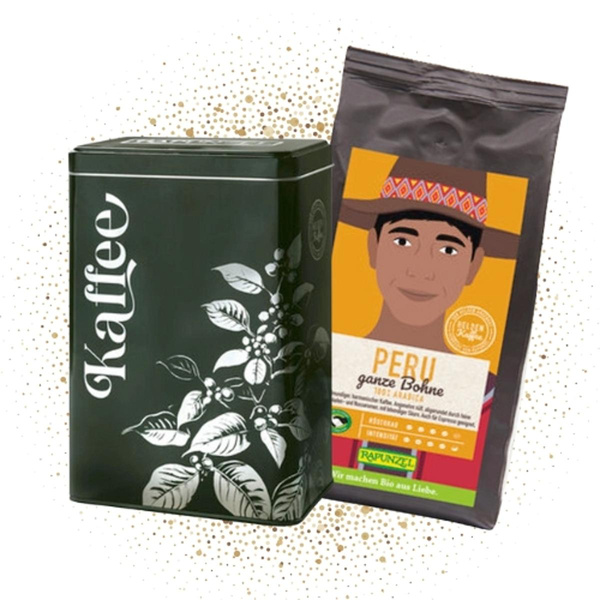 Produktfoto zu Geschenkset Heldenkaffee Peru, ganze Bohne mit Kaffeedose zum Befüllen