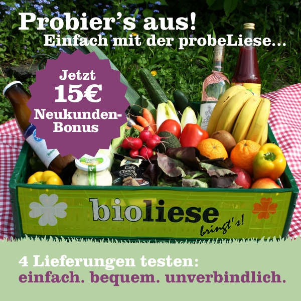 KI generiert: Eine Obst- und Gemüsekiste mit Werbetext: "Probier’s aus! Einfach mit der probeLiese..." und "Jetzt 15€ Neukunden-Bonus."