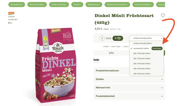 KI generiert: Das Bild zeigt eine Verpackung "Früchte DINKEL Müsli" mit Bestelloptionen auf einer Website.