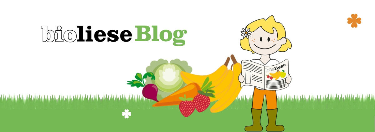 KI generiert: Eine Figur mit Zeitung vor Obst und Gemüse, Text: "bioliese Blog".