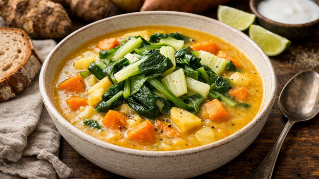 Rezeptbild für Topinambur-Kartoffel-Suppe mit Pak-Choi