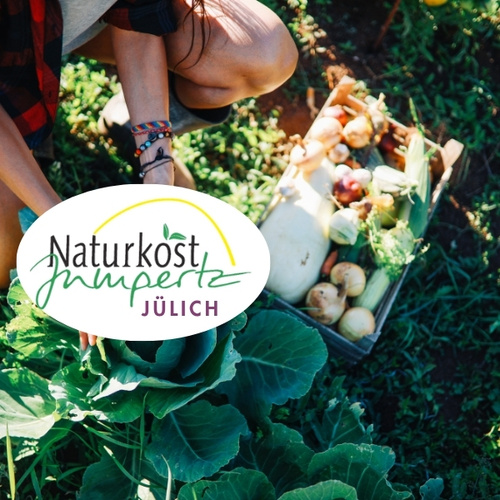 KI generiert: Eine Person erntet Gemüse im Garten. Text: "Naturkost Jülich".