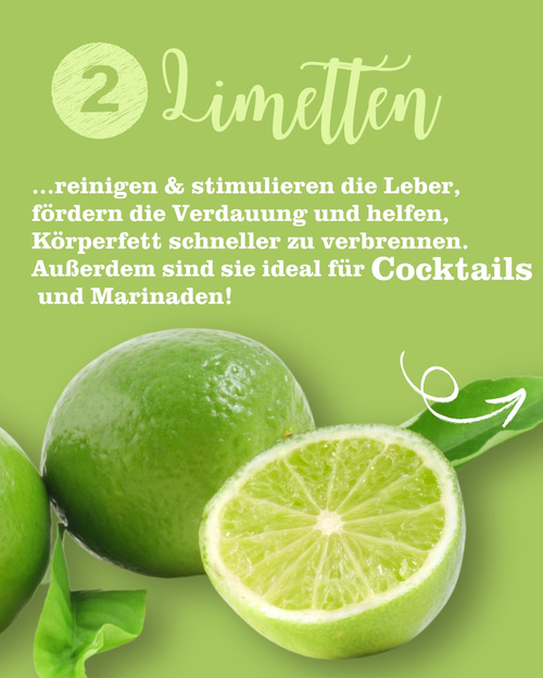KI generiert: Bild von Limetten mit Text über ihre gesundheitlichen Vorteile und Anwendungen in Cocktails und Marinaden.