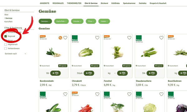 KI generiert: Online-Shop-Seite für regionales Gemüse mit Filteroption "Regional" ausgewählt.
