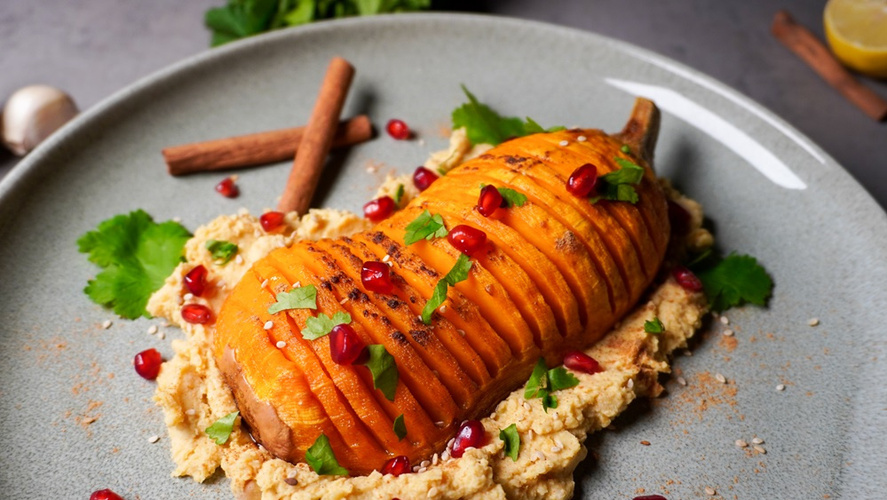 Rezeptbild für Butternut-Ofenkürbis auf Zimt-Hummus