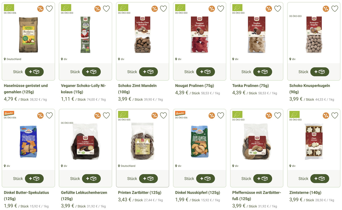 KI generiert: Produktauswahl an Bio-Süßwaren mit Preisen, inkl. Pralinen, Lebkuchen und Spekulatius.