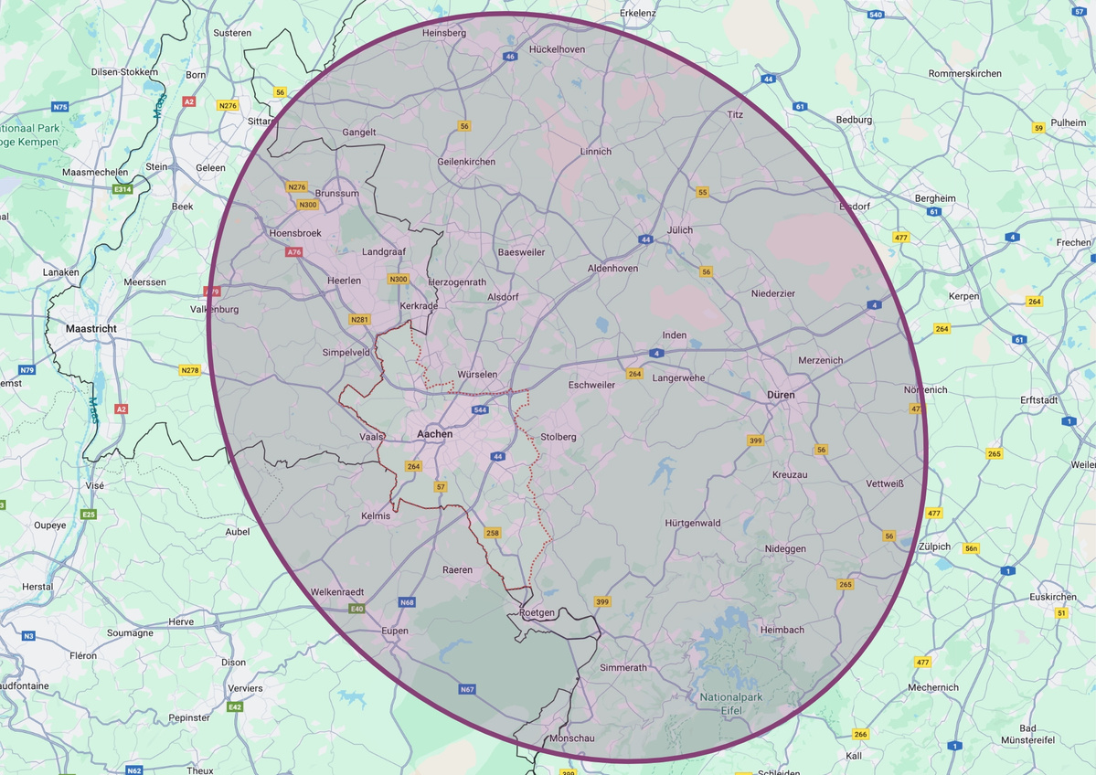 KI generiert: Karte mit einem markierten Kreis, der Aachen und Umgebung zeigt.