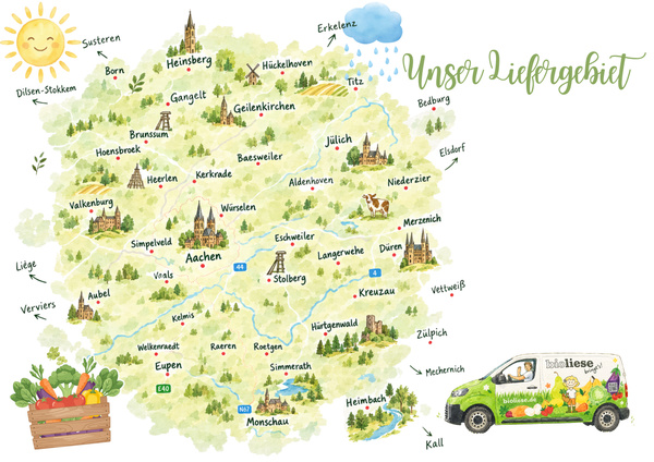 KI-generierte Beschreibung: Das Bild zeigt das Liefergebiet einer Ökokiste mit den Zustellorten in der Region. Text: "Unser Liefergebiet".
