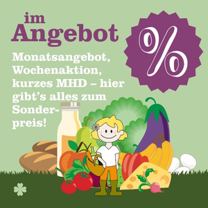 KI generiert: Ein Kind mit Obst und Gemüse, begleitet von einem Angebotstext über reduzierte Preise.