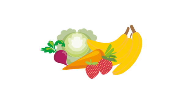 KI generiert: Gemüse und Obstillustration mit Bananen, Karotten, Erdbeeren, Radieschen und Blumenkohl.