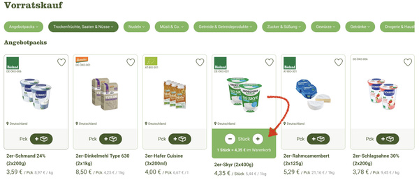 KI generiert: Online-Shop mit Milchprodukten im Angebot. Text: "2er-Skyr 4,35 € im Warenkorb".