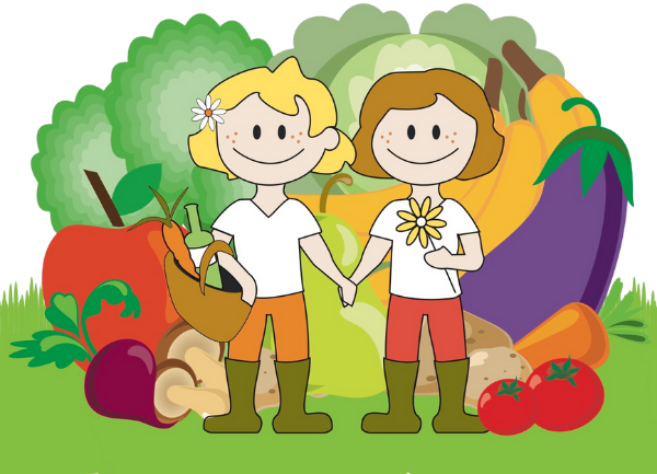 KI generiert: Zwei gezeichnete Figuren mit Gummistiefeln stehen vor Gemüse.