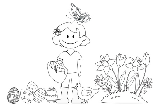 KI generiert: Ein Kind mit Korb voller Eier, Huhn, Schmetterling und Blumen.