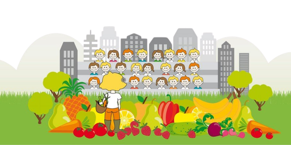 KI generiert: Eine gezeichnete Person steht vor Obst- und Gemüsefeldern, im Hintergrund eine Stadt und lachende Menschen.