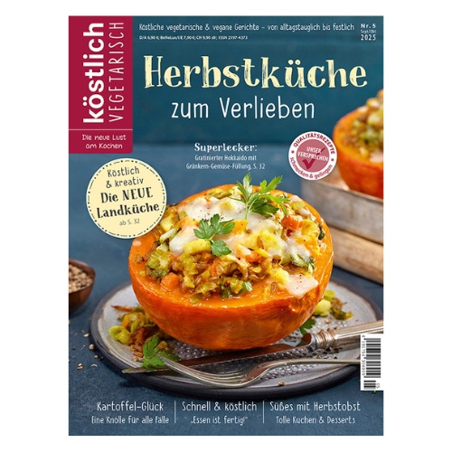 KI generiert: Ein Magazincover mit gefülltem Kürbisgericht und Text: "Herbstküche zum Verlieben."