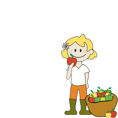 KI generiert: Ein Kind isst einen Apfel neben einem Korb voller Äpfel.