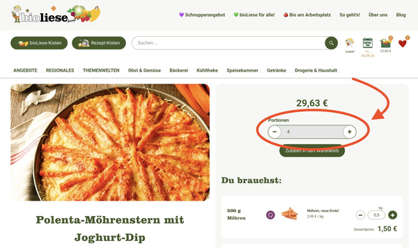 KI generiert: Ein Rezept für "Polenta-Möhrenstern mit Joghurt-Dip" mit Portionsanpassung und Preis von 29,63 €.