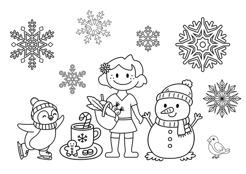 KI generiert: Ein Mädchen, ein Schneemann und ein Pinguin in einer Winterlandschaft mit Schneeflocken. Keine Texte enthalten.