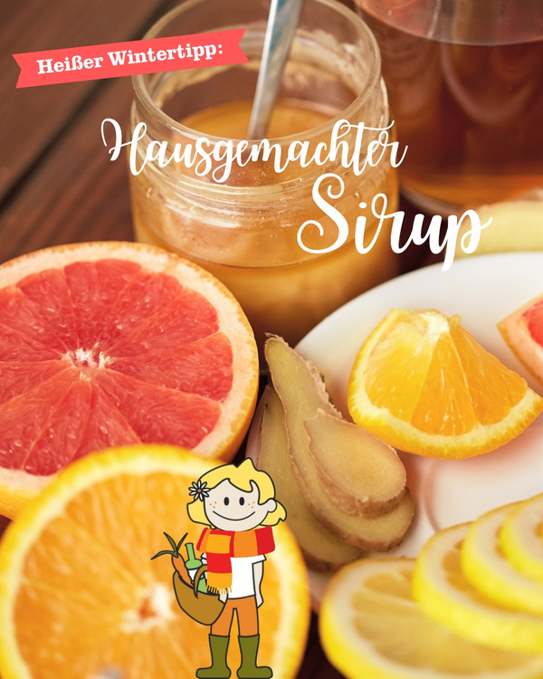 KI generiert: Zitrusfrüchte, Ingwer und ein Glas mit Sirup. Text: "Heißer Wintertipp: Hausgemachter Sirup".