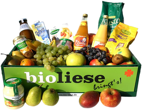 KI generiert: Bio-Lebensmittelkiste mit Früchten, Säften und Nahrungsmitteln. Text: "bioliese bringt´s!"