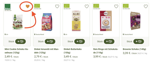 KI generiert: Fünf Bio-Snacks mit Preisen; ein Produkt mit Herz markiert.