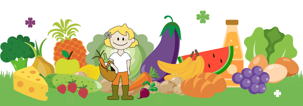 KI generiert: Ein Cartoon-Kind mit Korb steht vor einer bunten Auswahl an Obst, Gemüse und anderen Lebensmitteln.