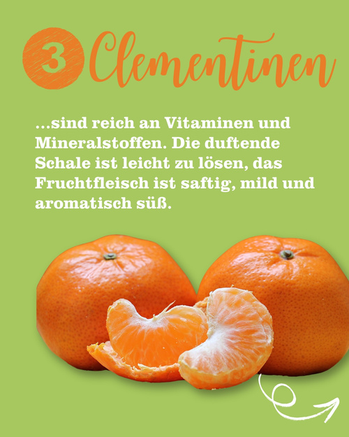 KI generiert: Clementinen, saftig und süß, mit Text über ihre Vorteile. Text: "3 Clementinen ...sind reich an Vitaminen und Mineralstoffen..."
