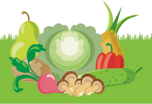 KI generiert: Eine Illustration von Gemüse: Birne, Kartoffel, Radieschen, Blumenkohl, Paprika, Gurke und Pilze auf grünem Hintergrund.