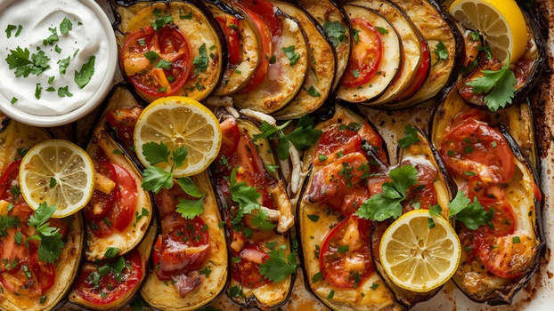 Rezeptbild für Gebackene Aubergine mit Zitronen-Dip