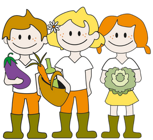 KI generiert: Drei fröhliche, gezeichnete Kinder halten Gemüse in den Händen.