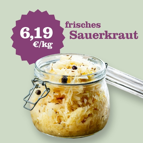 KI generiert: Ein Glas mit frischem Sauerkraut, Preis: 6,19 €/kg.