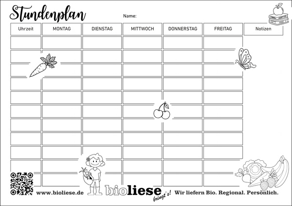 KI generiert: Ein Stundenplan mit Wochentagen, Uhrzeit und Platz für Notizen, dekoriert mit Zeichnungen von Obst und Gemüse.

Text: 
www.bioliese.de
Wir liefern Bio. Regional. Persönlich.