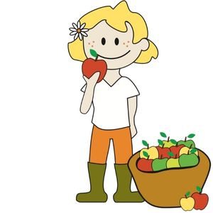 KI generiert: Ein Cartoon-Kind mit Apfel neben einem Korb voller Äpfel.