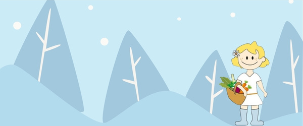 KI generiert: Eine Cartoon-Figur mit Korb steht vor winterlichem Berg-Hintergrund.