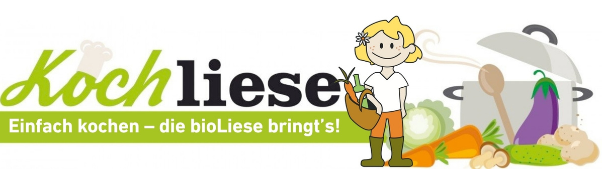 KI generiert: Kochliese-Logo: Frau mit Gemüsekorb, Text: "Einfach kochen – die bioLiese bringt’s!"