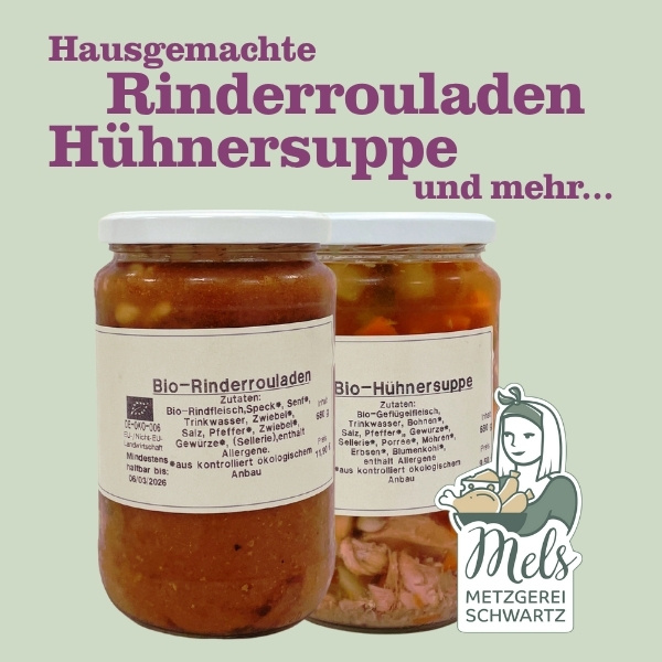 KI generiert: Zwei Gläser mit hausgemachter Bio-Rinderroulade und Hühnersuppe von Mels Metzgerei Schwartz.