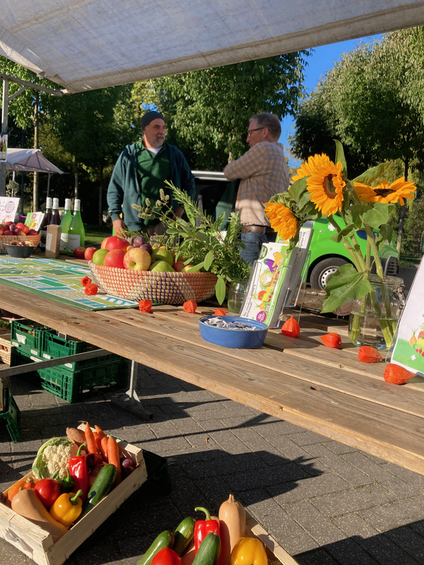 KI generiert: Marktstand mit Obst, Gemüse und Sonnenblumen; zwei Personen im Gespräch, blauer Himmel im Hintergrund.