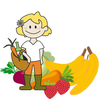 KI generiert: Eine gezeichnete Figur mit Gemüse und Obst im Hintergrund.