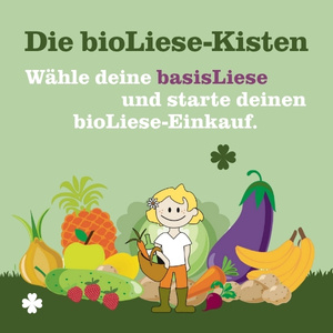 KI generiert: Ein Cartoon-Kind mit Obst und Gemüse. Text: "Die bioLiese-Kisten Wähle deine basisLiese und starte deinen bioLiese-Einkauf."