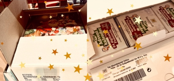 KI generiert: Ein geöffneter Karton mit Tee-Adventskalendern, beschriftet mit "Tee Adventskalender Edition".