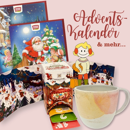 KI generiert: Adventskalender, Tasse und mehr mit weihnachtlichen Motiven. Text: "Advents-Kalender & mehr...".