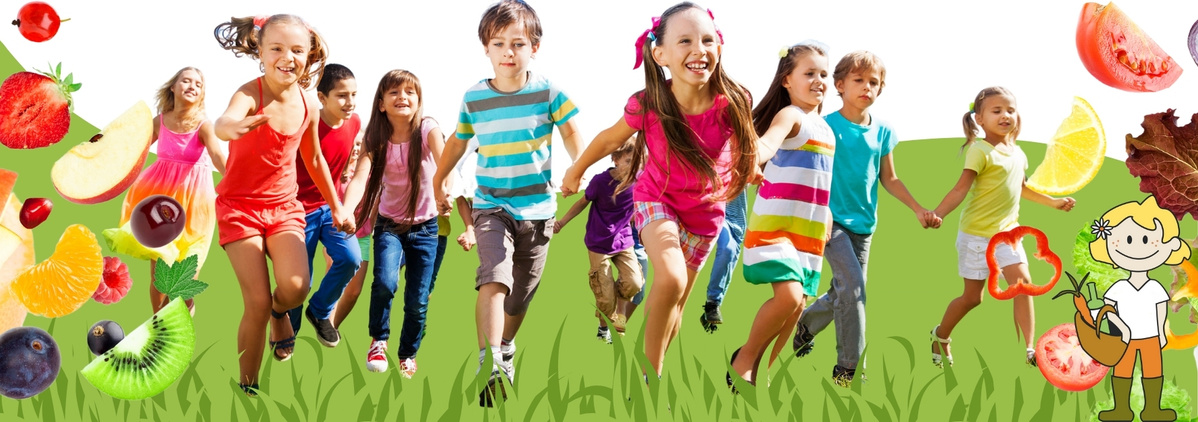 KI generiert: Kinder rennen über eine Wiese, umgeben von buntem Obst und einem gezeichneten Kind mit Gemüse.