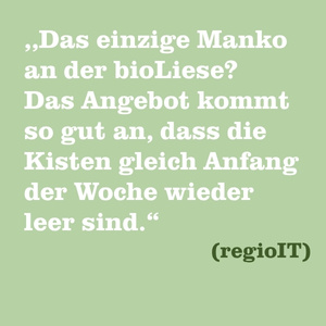 KI generiert: Grüner Hintergrund mit Text: „Das einzige Manko an der bioLiese? Das Angebot kommt so gut an, dass die Kisten gleich Anfang der Woche wieder leer sind.“ (regioIT)